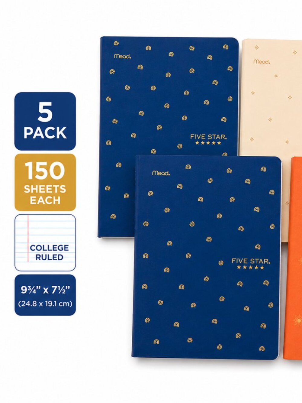 Mead Five Star Composition Books 5-Pack College Ruled 150 Sheets Mixed Colors - Picture 2 of 3